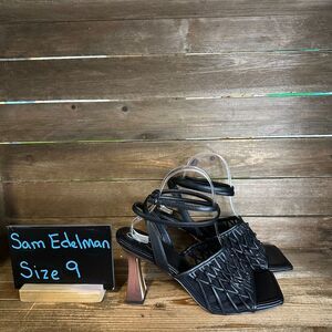 New NIB Womens Sam Edelman Candice Black‎ Leather Leg Strap Heels Shoes Size 9 M